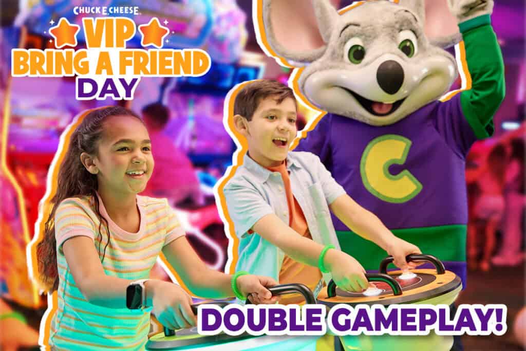 Chuck E. Cheese and two kids playing an arcade game, celebrating VIP Bring a Friend Day with double gameplay.