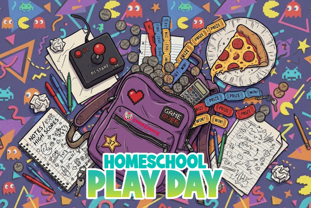 Overhead illustration of a backpack, arcade tokens, prize tickets, and pizza slice, with 'Homeschool Play Day' text.