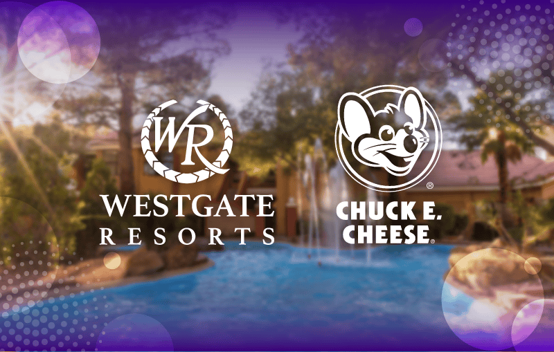 Westgate Resorts and Chuck E. Cheese logos side-by-side over a resort pool, signifying a partnership.