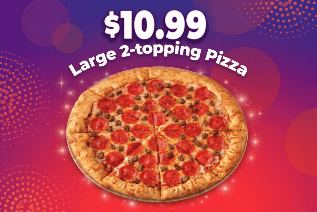 Large 2-topping pizza for only $10.99, a delicious meal for families at Chuck E. Cheese.