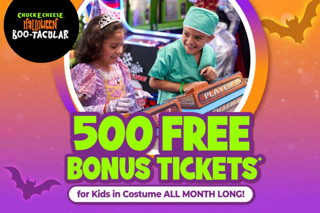 Kids in Halloween costumes playing arcade games at Chuck E. Cheese for free bonus tickets.