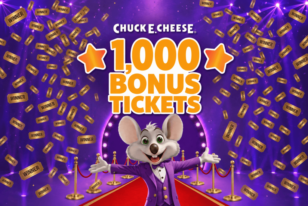 Chuck E. Cheese welcoming guests to win 1,000 bonus tickets on a red carpet with falling winner tickets.