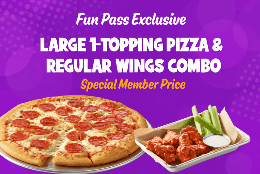 Chuck E. Cheese Fun Pass Exclusive: Large 1-Topping Pizza and Regular Wings Combo, a special member price.