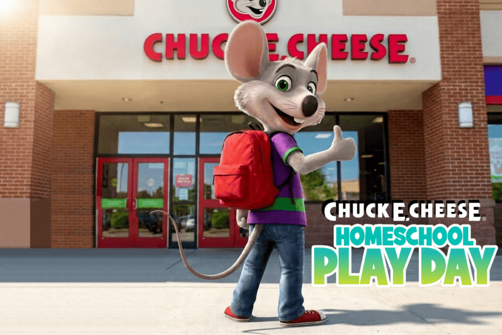 Chuck E. Cheese giving a thumbs up outside a Chuck E. Cheese store, promoting Homeschool Play Day.