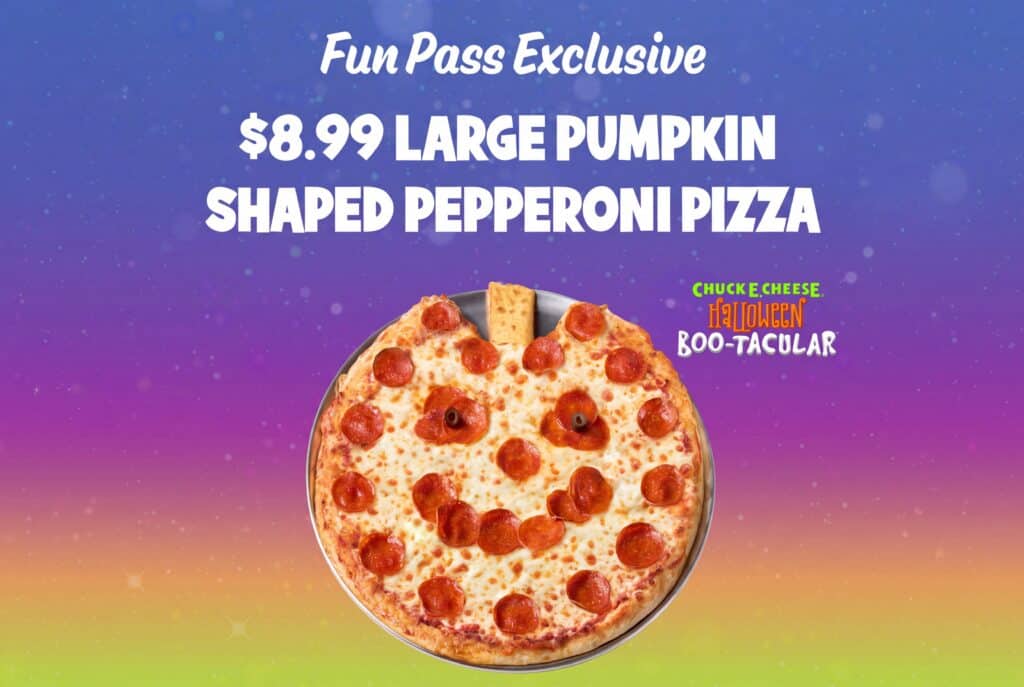 Chuck E. Cheese Halloween Boo-tacular pumpkin-shaped pepperoni pizza, a Fun Pass exclusive.